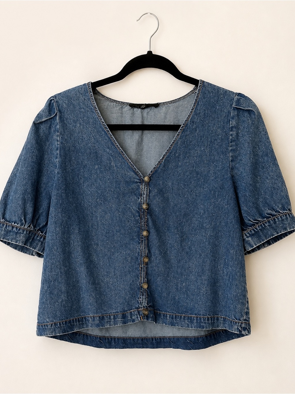 Jane + Delancey Denim Puff Sleeve Button Front Blouse Women’s S Cottagecore